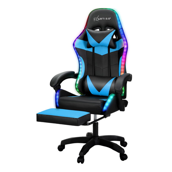NNEDSZ 6 Point Massage Gaming Office Chair 7 LED Footrest Cyan Blue