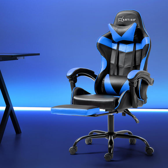 NNEDSZ Artiss Gaming Office Chair Recliner Footrest Blue