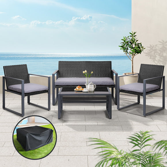 NNEDSZ Gardeon 4 PCS Outdoor Sofa Set Rattan Furniture with Storage Cover Chairs Black