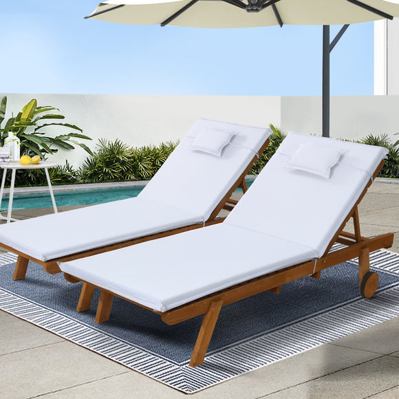 NNEDSZ Gardeon 2x Sun Lounge Wooden Lounger Outdoor Furniture Day Bed Wheel Patio White