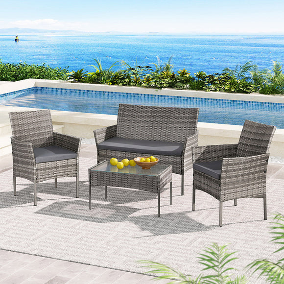 NNEDSZ Gardeon 4 Seater Outdoor Sofa Set Wicker Setting Table Chair Furniture Grey