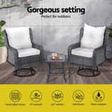 NNEDSZ Gardeon 3PC Outdoor Furniture Bistro Set Lounge Wicker Swivel Chairs Table Cushion Grey