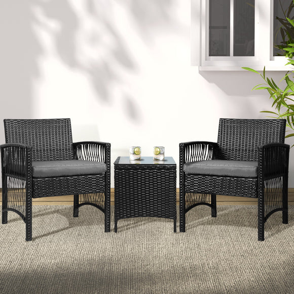 NNEDSZ Gardeon 3PC Outdoor Bistro Set Patio Furniture Wicker Dining Chairs Table Cushion Black