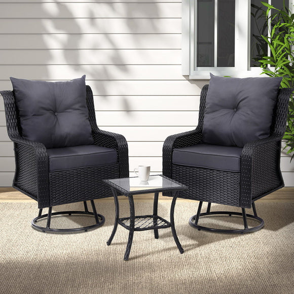 NNEDSZ Gardeon 3PC Outdoor Furniture Bistro Set Lounge Wicker Swivel Chairs Table Cushion Black