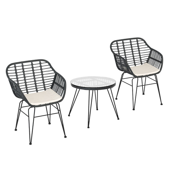 NNEDSZ 3PC Outdoor Furniture Bistro Set Lounge Setting Table Chairs Cushion Patio Grey