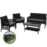 NNEDSZ Gardeon 4PCS OutdoorSofa Set with Storage Cover Wicker Harp Chair Table Black