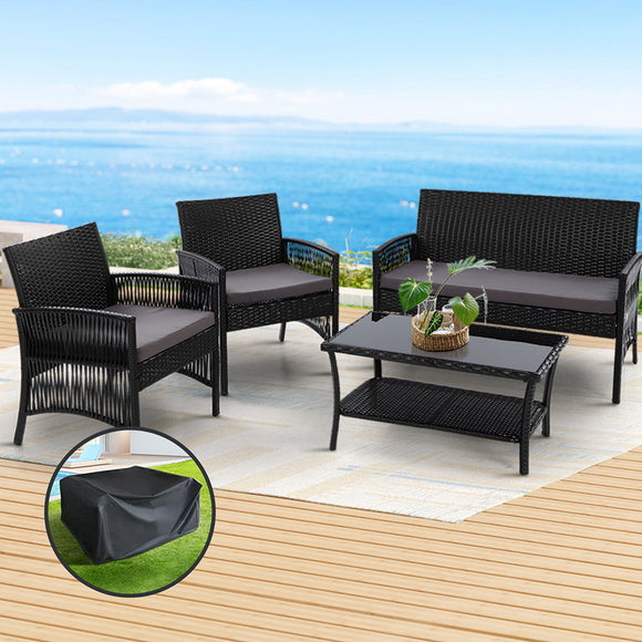 NNEDSZ Gardeon 4PCS OutdoorSofa Set with Storage Cover Wicker Harp Chair Table Black