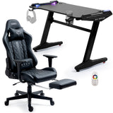 NNEMB Gaming Office Desk and Chair, LED-FX Light Effects, USB Outlets, Headset Hanger, Cup Holder and Footrest, Black