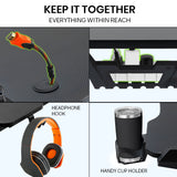NNEMB Gaming Office Desk and Chair, LED-FX Light Effects, USB Outlets, Headset Hanger, Cup Holder and Footrest, Black