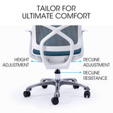 NNEMB Ergonomic Office Desk Chair, Coolmesh Fabric, Adjustable Recline, Blue Mesh/White Frame