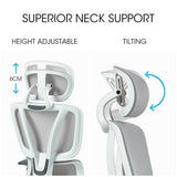 NNEMB Ergonomic Office Desk Chair, Coolmesh Fabric, Adjustable Lumbar Support, Headrest, Armrest and Recline, White Mesh/Grey Frame