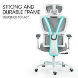 NNEMB Ergonomic Office Desk Chair, Coolmesh Fabric, Adjustable Lumbar Support, Headrest, Armrest and Recline, White Mesh/Grey Frame