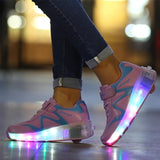 Rechargeable Double Wheel Roller Skating Shoes - Pink Size 34-1915196535856041993