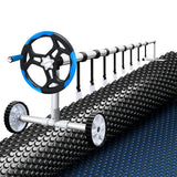 NNEDSZ Pool Cover 600 Micron 9.5x5m w/ Blue Roller 5.55m Black Solar Blanket