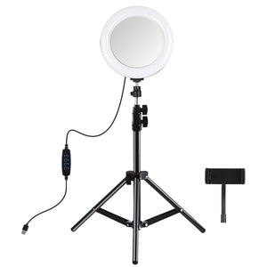 7.9 Mirror Light With Tripod & Usb 3 Modes Dual Colour Curved Ring Light For Vlogging Selfie Photography Video Phone Clamp - Black-1915196803599437825