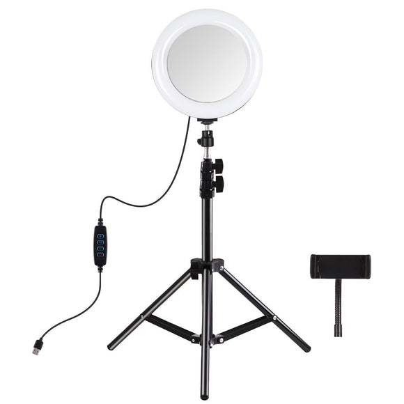 7.9 Mirror Light With Tripod & Usb 3 Modes Dual Colour Curved Ring Light For Vlogging Selfie Photography Video Phone Clamp - Black-1915196803599437825