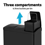 NNEDSZ Pedal Bins Rubbish Bin Triple Compartments Waste Recycle Dustbins 45L