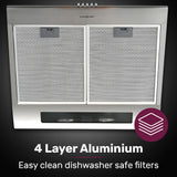 NNEMB 60cm Fixed Stainless Steel Rangehood, Quiet 3-Speed, 4-Layer Dishwashable Filters, Halogen Lights EFR60S