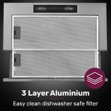 NNEMB 60cm Slideout Stainless Steel Rangehood, Quiet 2-Speed, 3-Layer Dishwashable Filters, Halogen Lights ESR60S