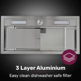 NNEMB 60cm Undermount Rangehood Stainless Steel, Quiet 3-Speed, 3-Layer Dishwashable Filter, LED Lights EUR60S