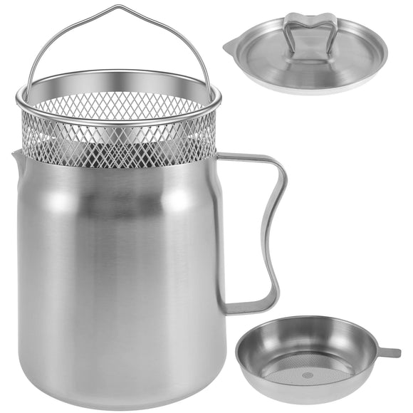 NNEOBA 2L Stainless Steel Oil Filter Pot with Fine Mesh Strainer And Fry Basket Silver