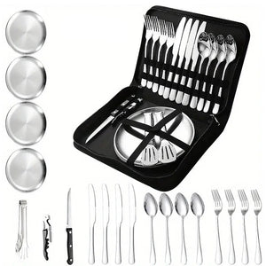 NNEOBA 20-Piece Steel Outdoor Camping Cutlery Set Silver