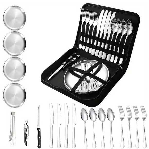 NNEOBA 20-Piece Steel Outdoor Camping Cutlery Set Silver