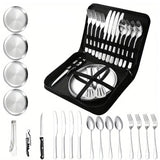 NNEOBA 20-Piece Steel Outdoor Camping Cutlery Set Silver