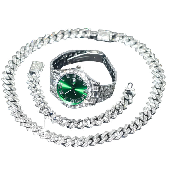 NNEOBA 3pcs Mens Silver Watch Cuban Chain Bracelet Set (Green)