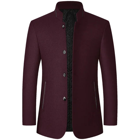 NNEOBA Mens Winter Wool Coat Stand Collar Business Jacket (Wine Red)