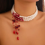 Layered Gothic Blood Pattern Imitation Pearl & Crystal Bead Tassel Necklace