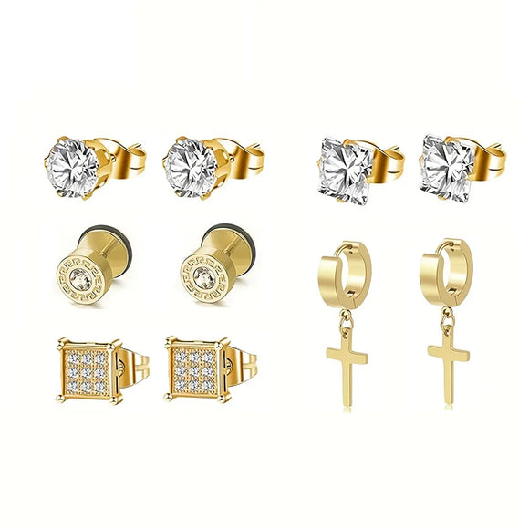 NNEOBA Earrings Stainless Steel 5 Pairs Set for Men (Gold)