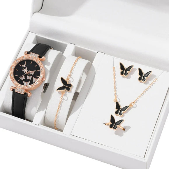 NNEOBA Butterfly Jewelry Set Watch Necklace Earrings Bracelet (Black)