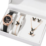 NNEOBA Butterfly Jewelry Set Watch Necklace Earrings Bracelet (Black)