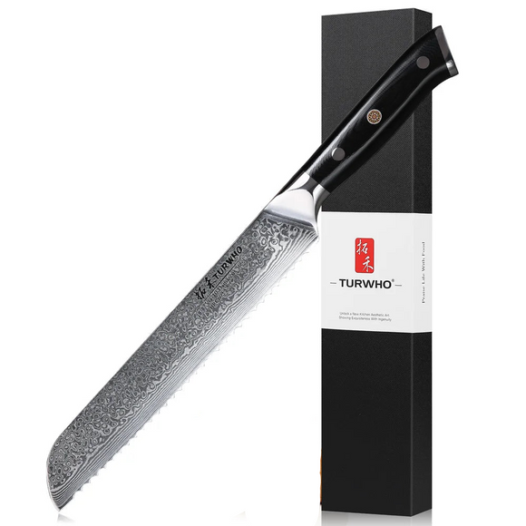 NNEOBA 8-Inch Damascus Steel Bread Knife Serrated VG10 Core Blade Black