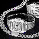 NNEOBA 3pcs Men's Watch Set Square Watch Cuban Chain Bracelet (Silver)