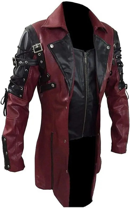NNEOBA Mens Steampunk Faux Leather Trench Biker Jacket