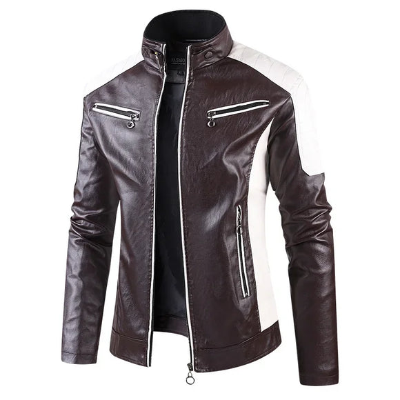 NNEOBA Men Slim Fit PU Moto Leather Jacket (Brown)
