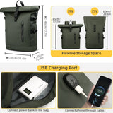 NNEOBA Expandable Waterproof Backpack Roll-Up Design with USB Charging Port Green