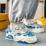 NNEOBA Men's Graffiti Patchwork Skateboard Sneakers (Blue)