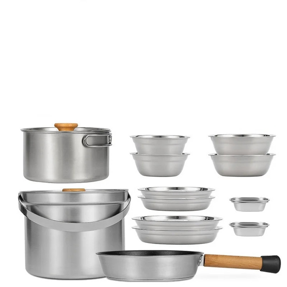 NNEOBA 14-Piece Camping Cookware Set Silver