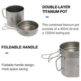 NNEOBA 1100ml Ultralight Titanium Camping Pot with Folding Handles Grey