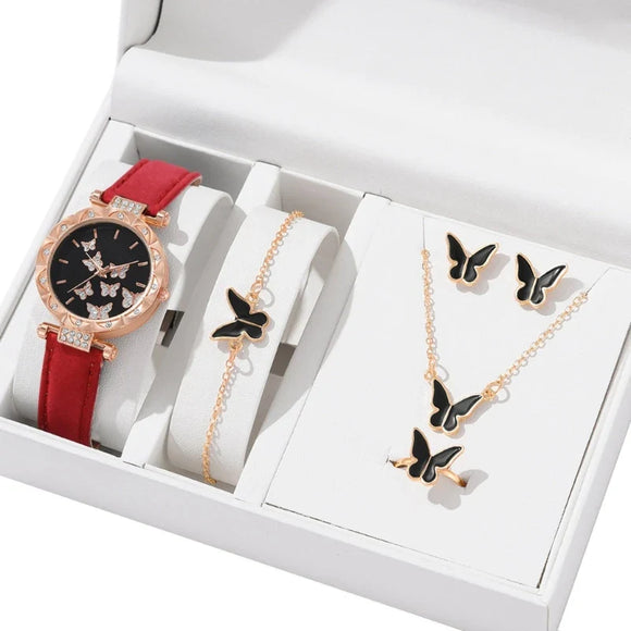 NNEOBA Butterfly Jewelry Set Watch Necklace Earrings Bracelet (Red)