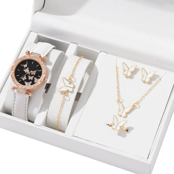 NNEOBA Butterfly Jewelry Set Watch Necklace Earrings Bracelet (White)