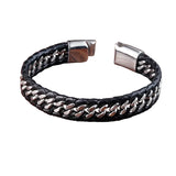 Men's Braided Black Leather Bracelet with Stainless Steel Bangle
