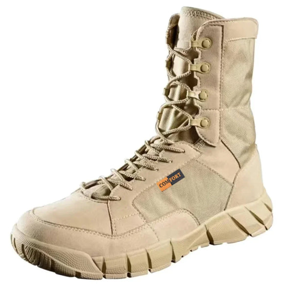 NNEOBA Mens Tactical Mid-Calf Combat Boots (Khaki No Zip)