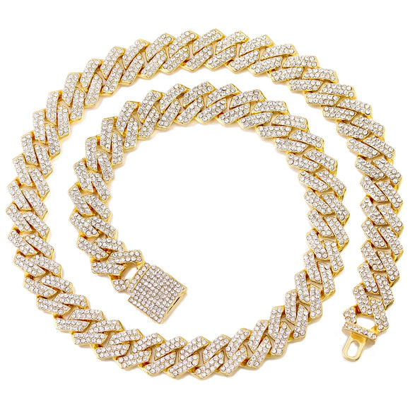 NNEOBA Prong Cuban Link Chain Necklace Rhinestone (A0994GD)