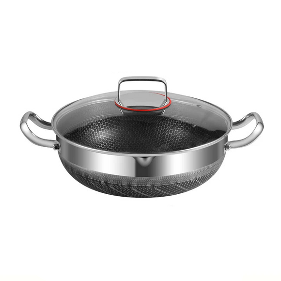 NNEOBA 30cm Stainless Steel Non-Stick Frying Pan with Glass Lid Silver