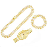 NNEOBA 3pcs Men's Watch Set Square Watch Cuban Chain Bracelet (Gold)