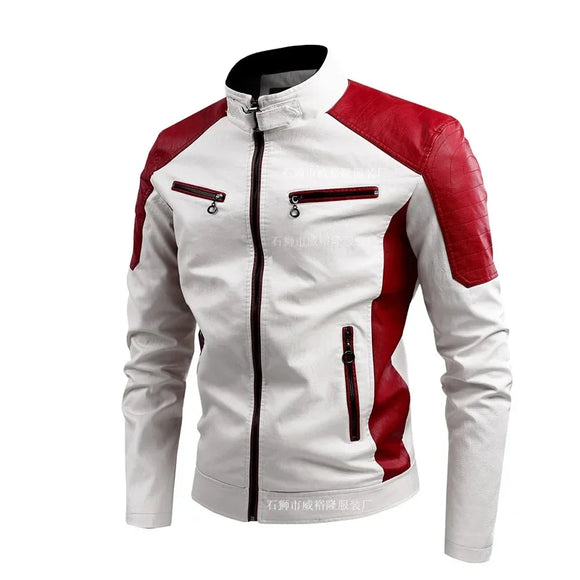NNEOBA Men Slim Fit PU Moto Leather Jacket (White)